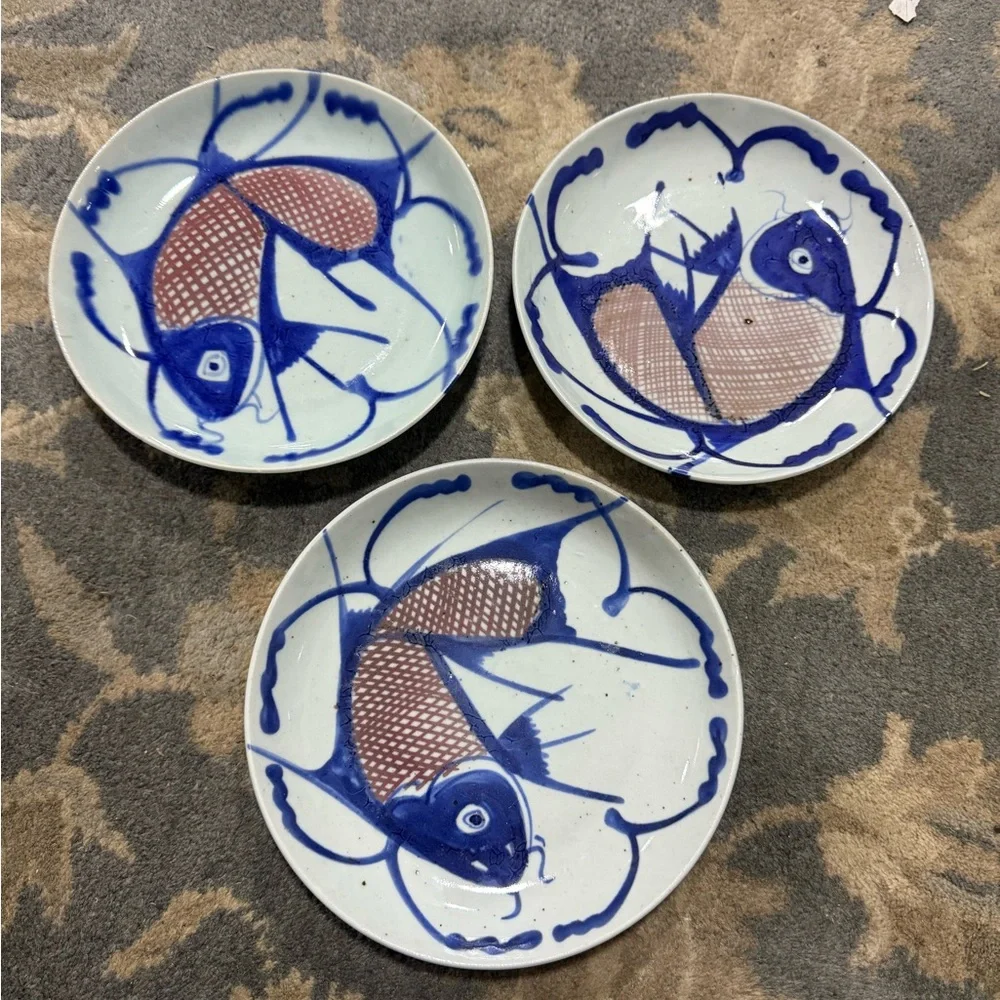 Blue and Brown Fish Ceramic Pet Feeding Dish - Set of 3